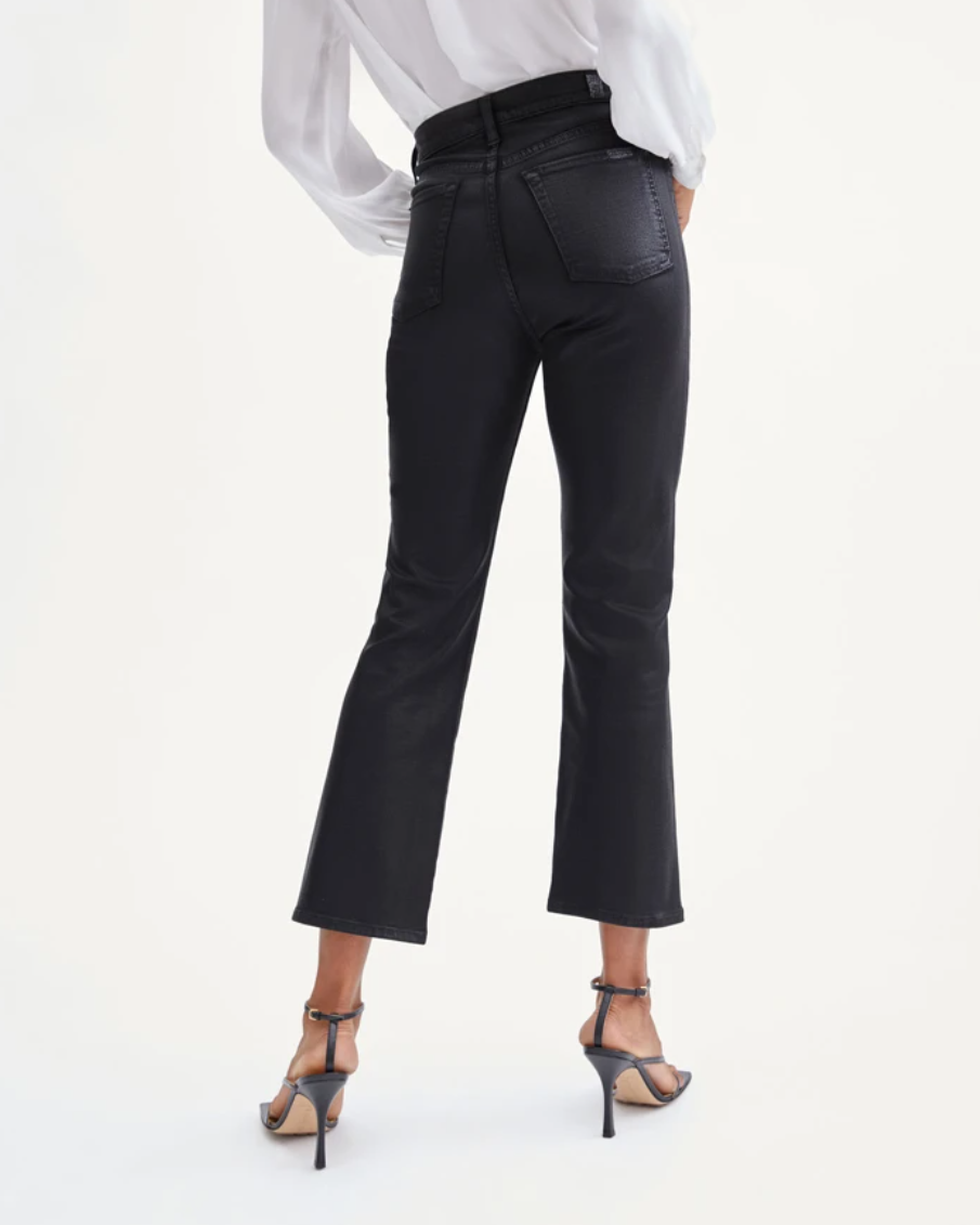 waist down rear view of 7 for all mankind&#39;s high waist slim kick coated pant in black 