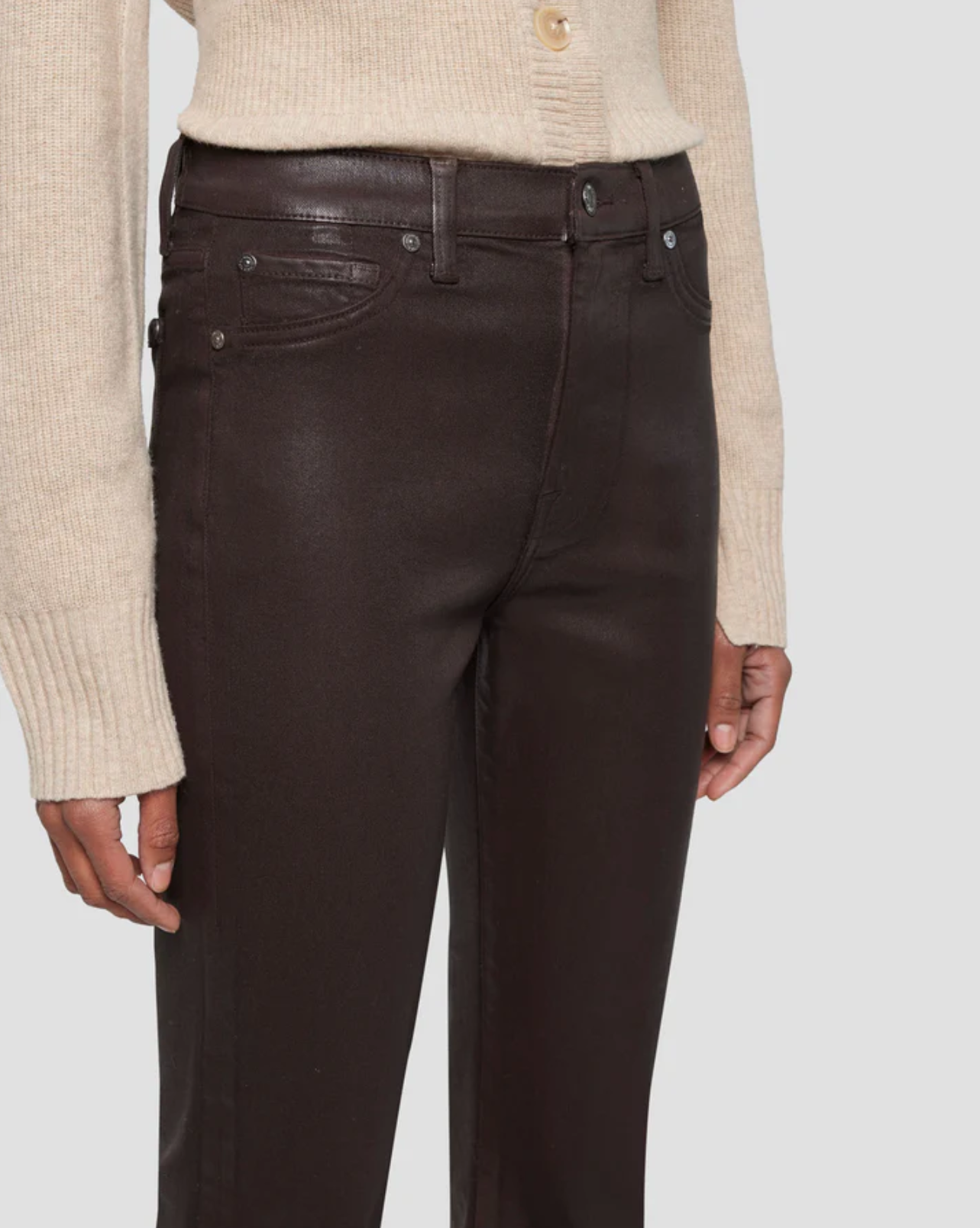 waistline close up of 7 for all mankind&#39;s high waist slim kick coated pant in chocolate brown