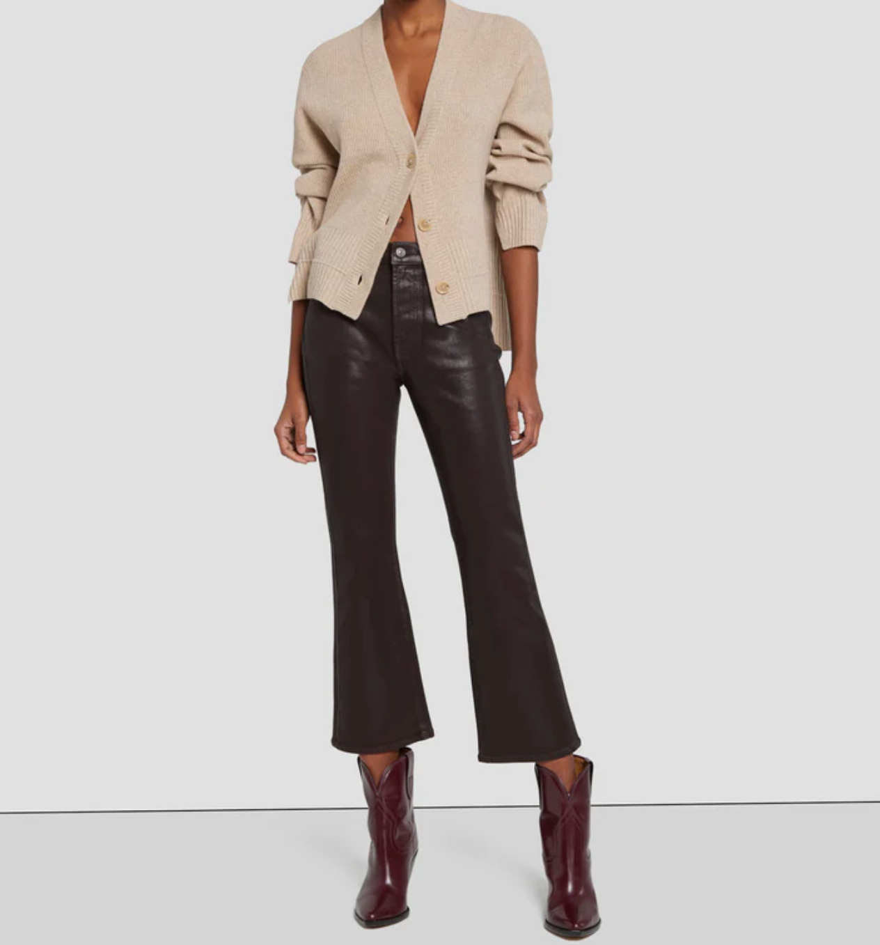 full body front view of 7 for all mankind&#39;s high waist slim kick coated pant in chocolate brown