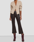 full body front view of 7 for all mankind's high waist slim kick coated pant in chocolate brown