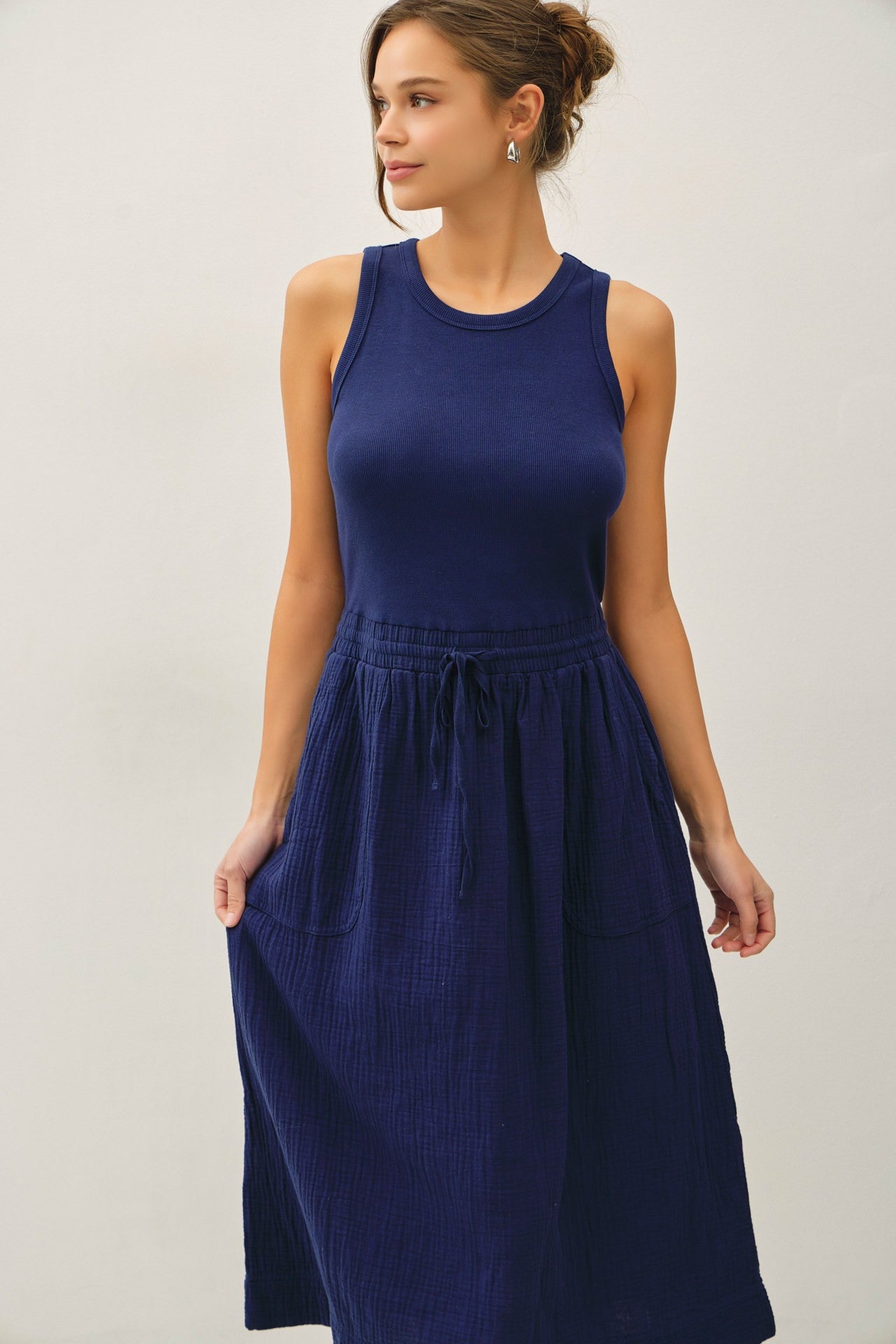 COTTON RIB TANK DRESS WITH GAUZE SKIRT