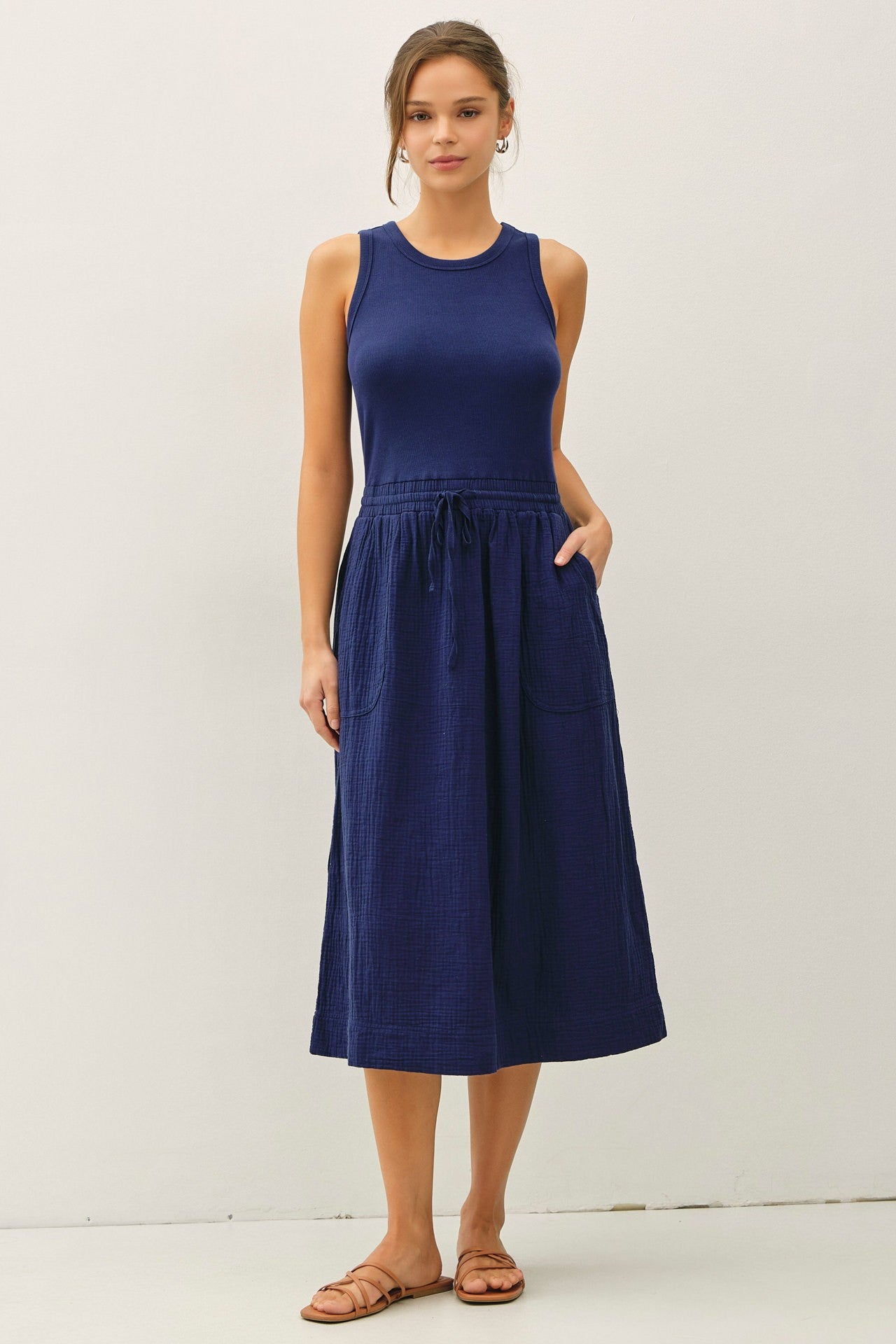 COTTON RIB TANK DRESS WITH GAUZE SKIRT
