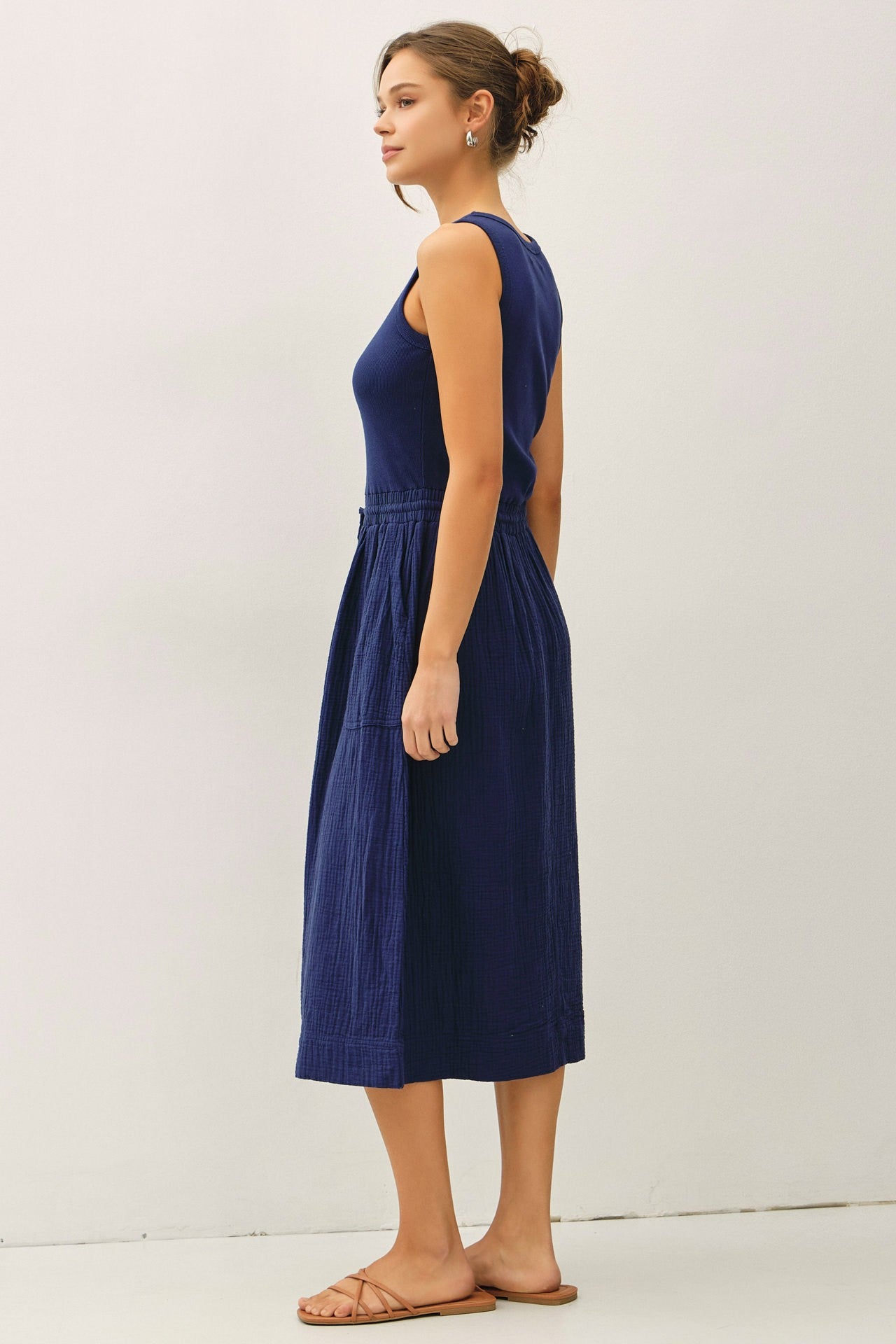 COTTON RIB TANK DRESS WITH GAUZE SKIRT