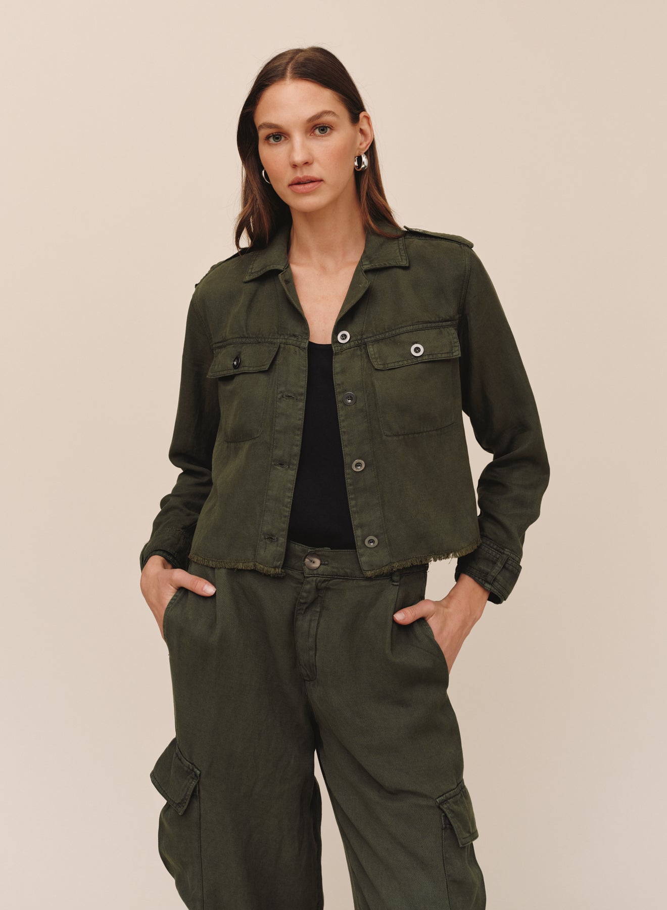*COMING SOON* CROPPED UTILITY JACKET WITH FRAY HEM
