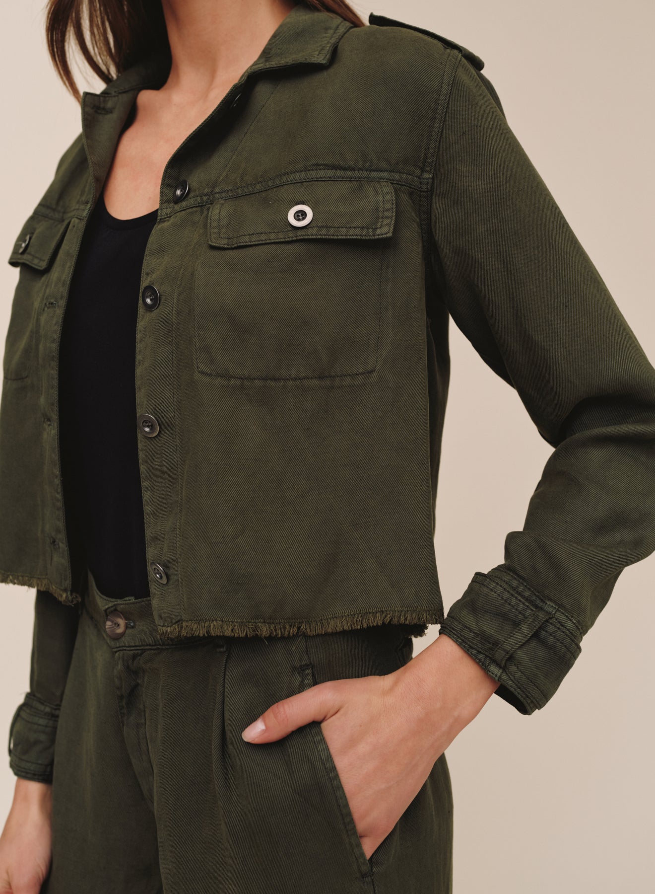 *COMING SOON* CROPPED UTILITY JACKET WITH FRAY HEM
