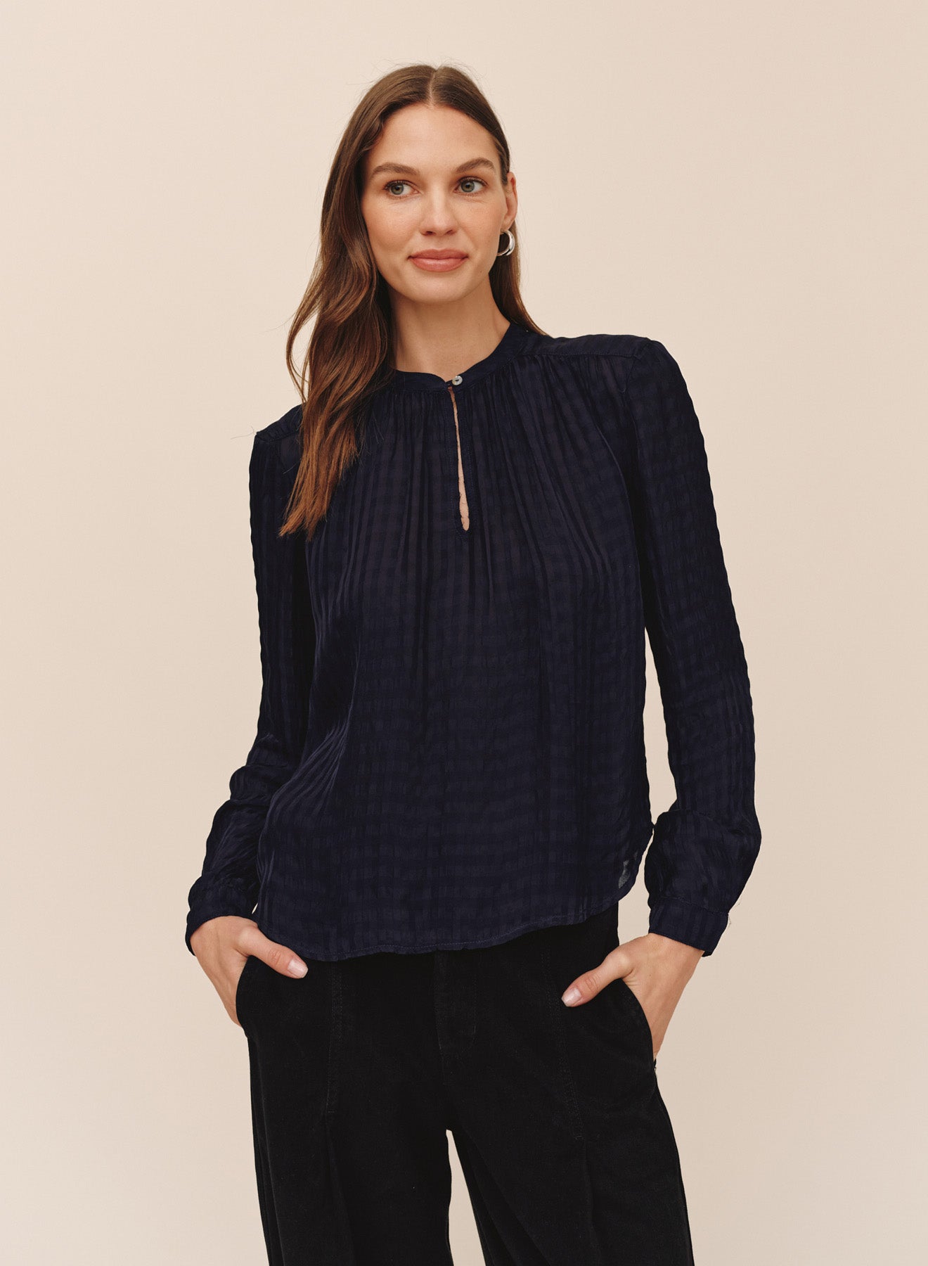 *COMING SOON* SHADOW SATIN GINGHAM SHIRRED PULLOVER