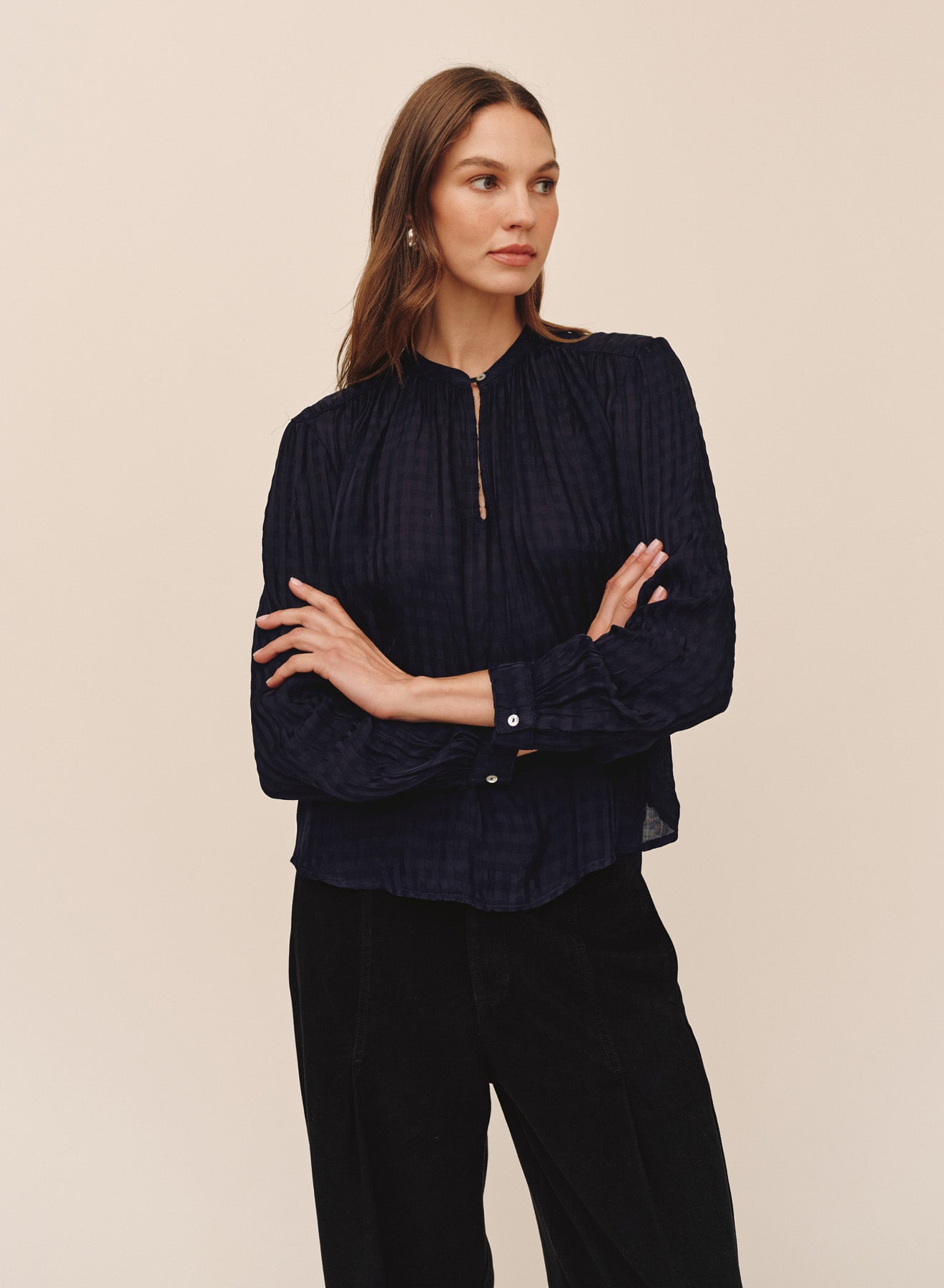 *COMING SOON* SHADOW SATIN GINGHAM SHIRRED PULLOVER