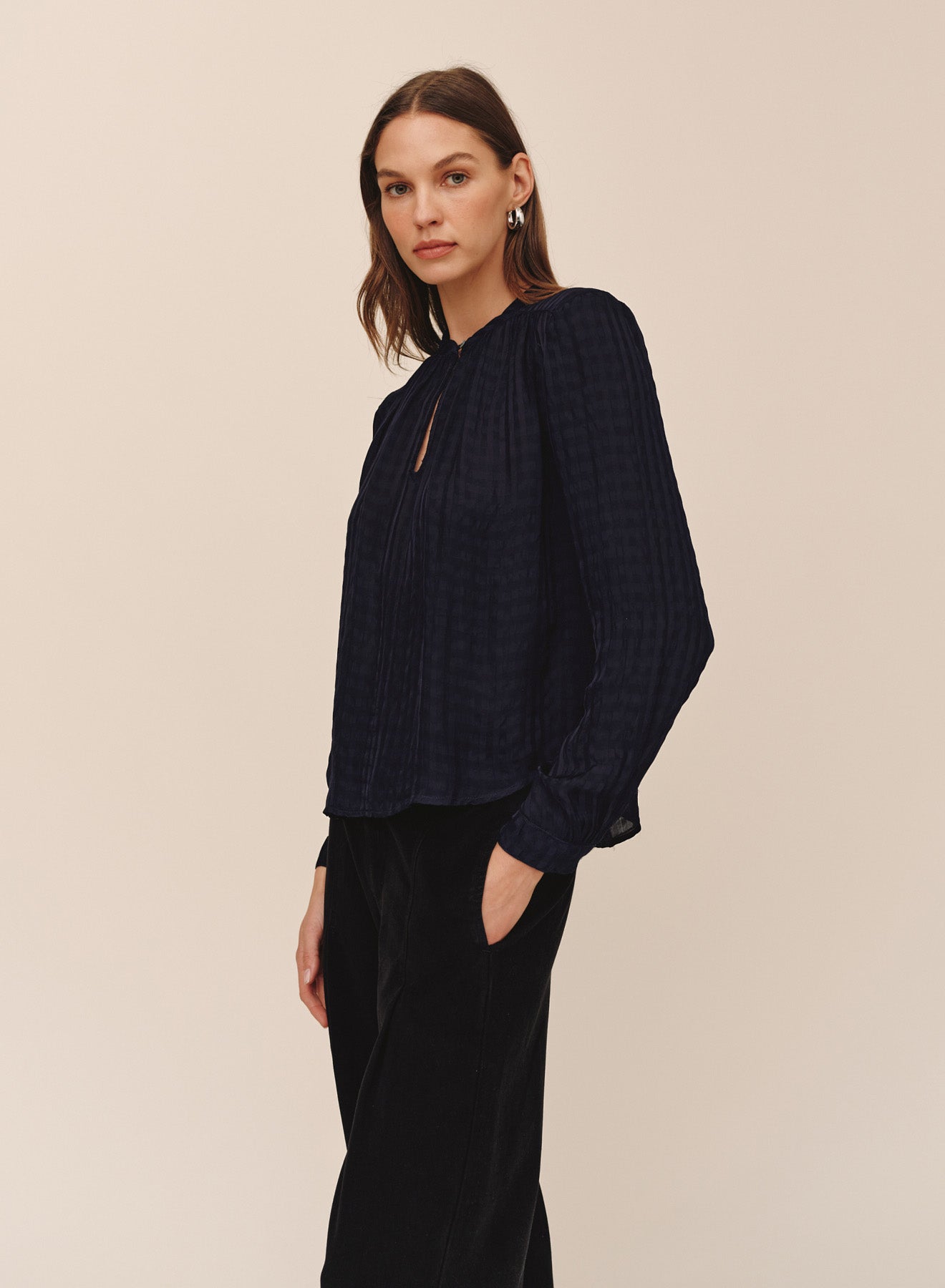 *COMING SOON* SHADOW SATIN GINGHAM SHIRRED PULLOVER
