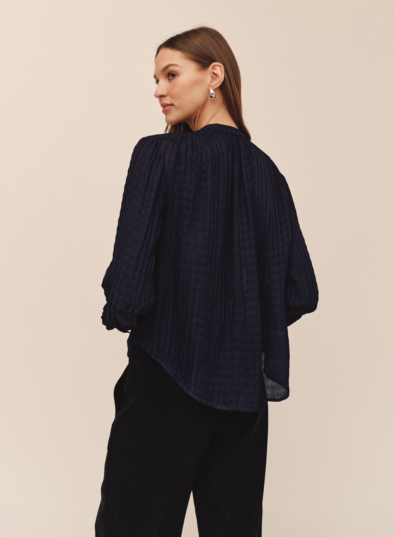*COMING SOON* SHADOW SATIN GINGHAM SHIRRED PULLOVER