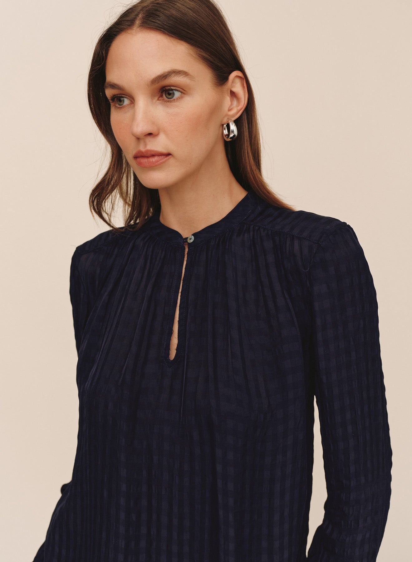 *COMING SOON* SHADOW SATIN GINGHAM SHIRRED PULLOVER
