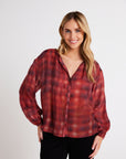 BLURRED PLAID SHIRRED NECK BLOUSE