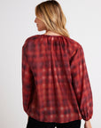 BLURRED PLAID SHIRRED NECK BLOUSE