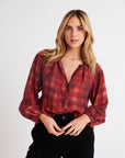 BLURRED PLAID SHIRRED NECK BLOUSE