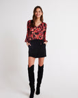 AUTUMN BLOOM SHIRRED RAGLEN TIE FRONT BLOUSE