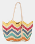 MULTI COLOUR CHEVRON JUTE TOTE WITH TASSEL