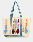 TEXTURED APPLIQUÉ JUTE TOTE WITH TASSEL