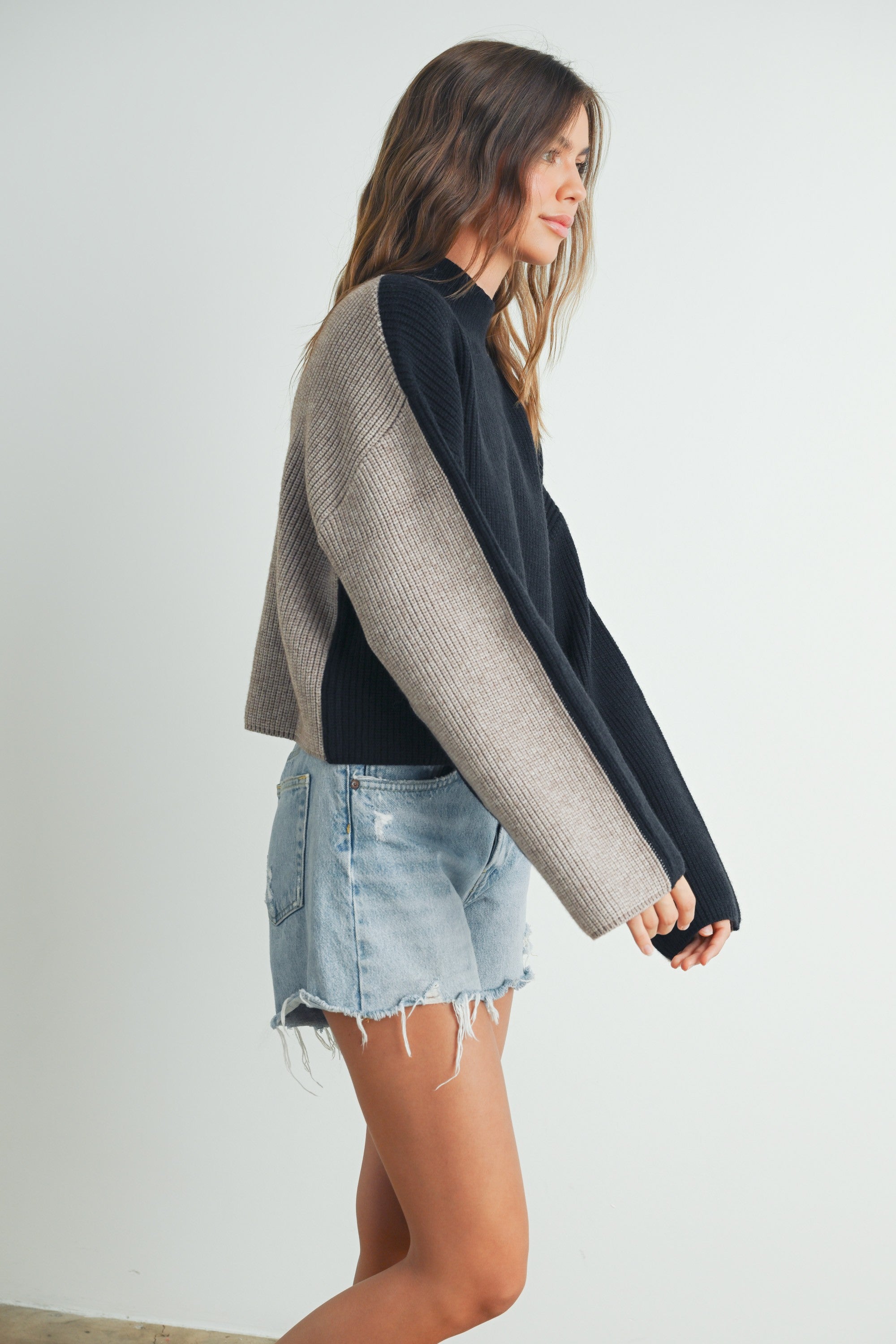 COLOUR BLOCK MOCK NECK CROPPED SWEATER