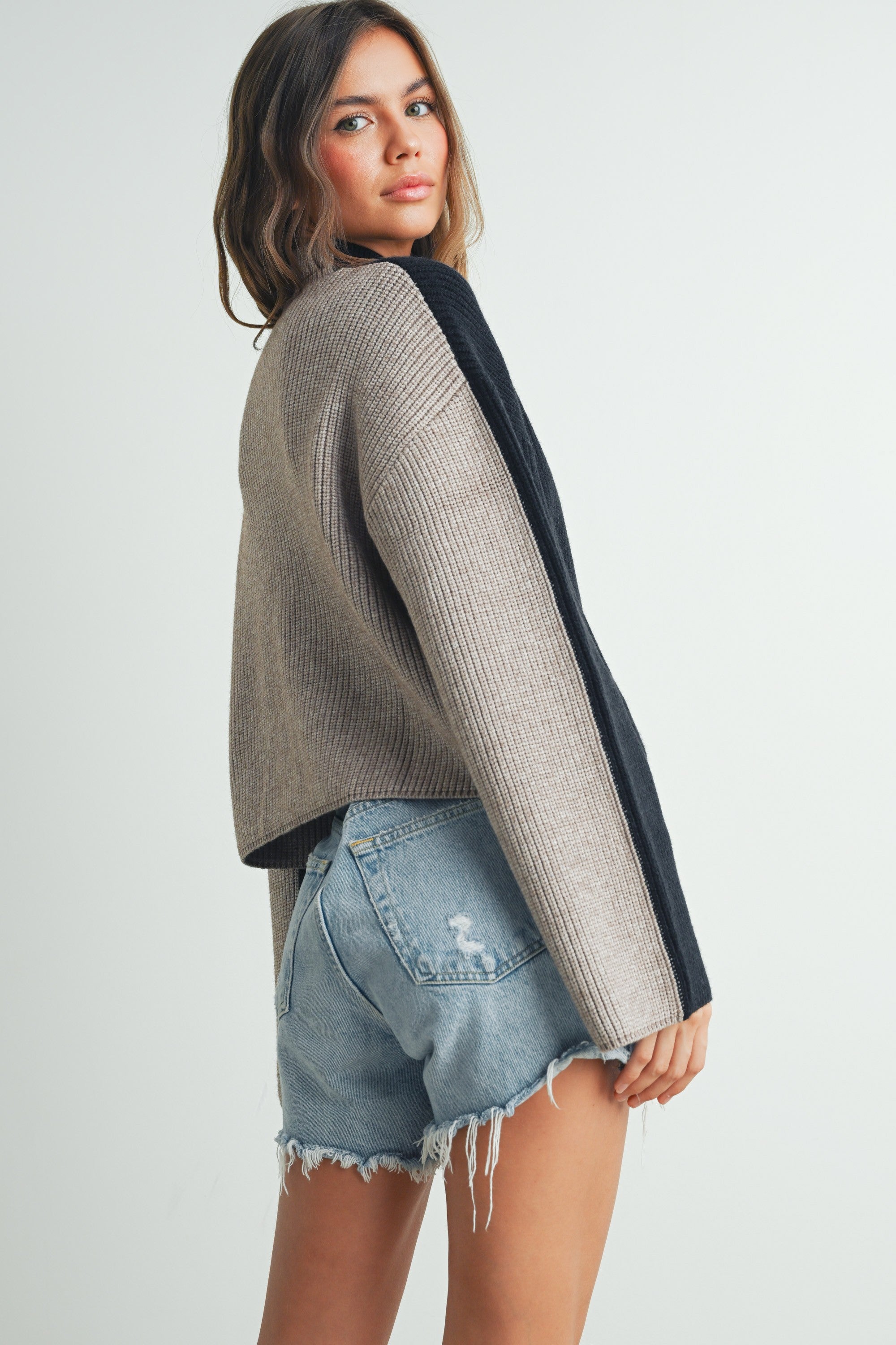 COLOUR BLOCK MOCK NECK CROPPED SWEATER