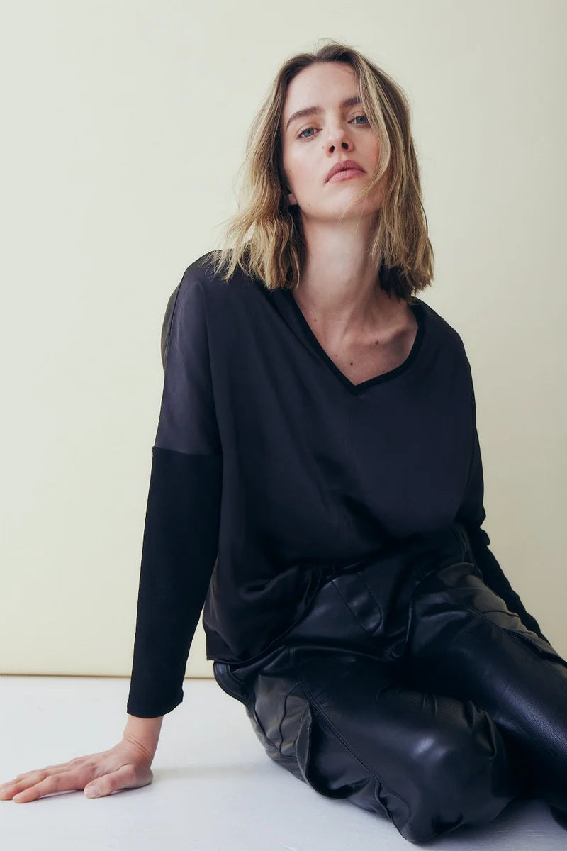 CINDY SATIN &amp; RIB LONG SLEEVE TOP