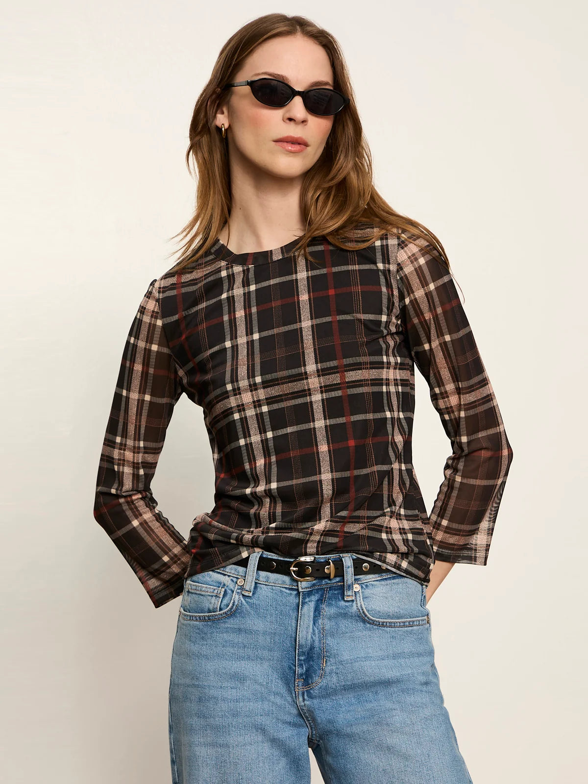 PLAID MESH 3/4 SLEEVE TOP