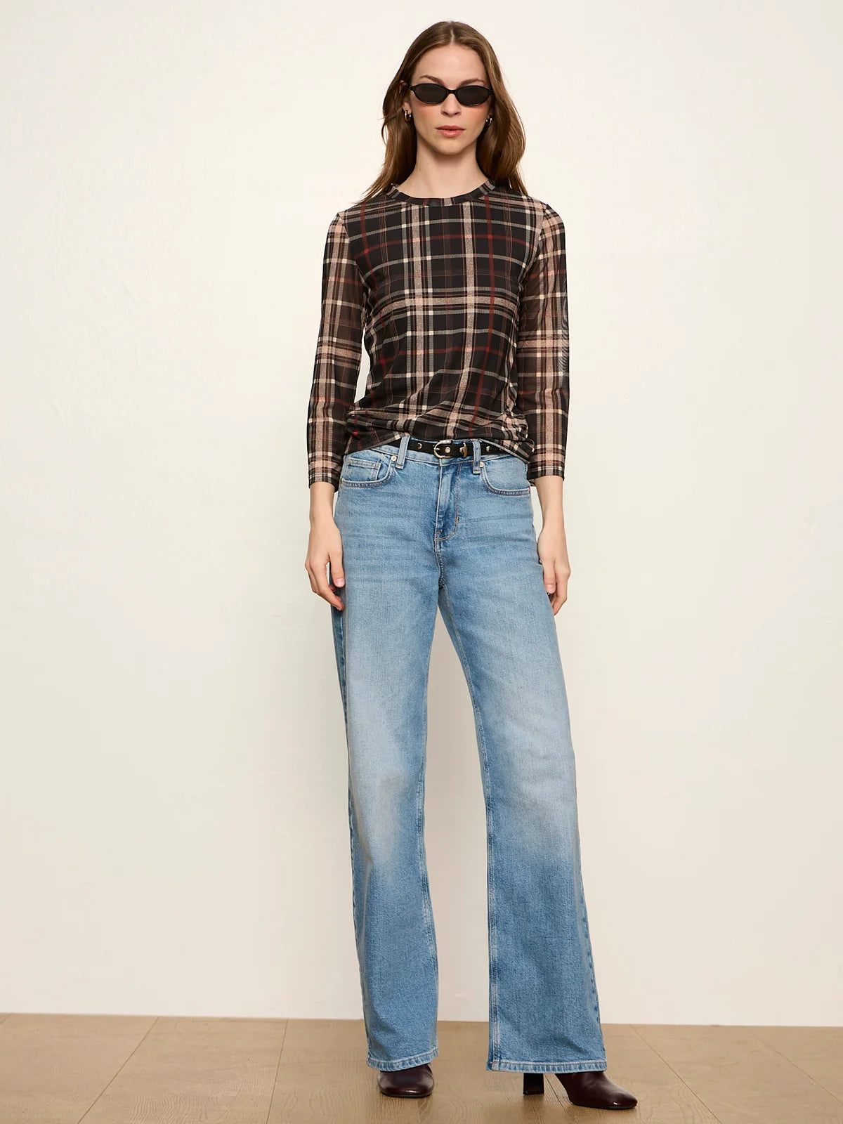 PLAID MESH 3/4 SLEEVE TOP