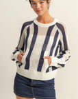 STRIPED OPEN STITCH SWEATER WITH KANGAROO POCKET