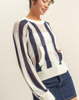 STRIPED OPEN STITCH SWEATER WITH KANGAROO POCKET