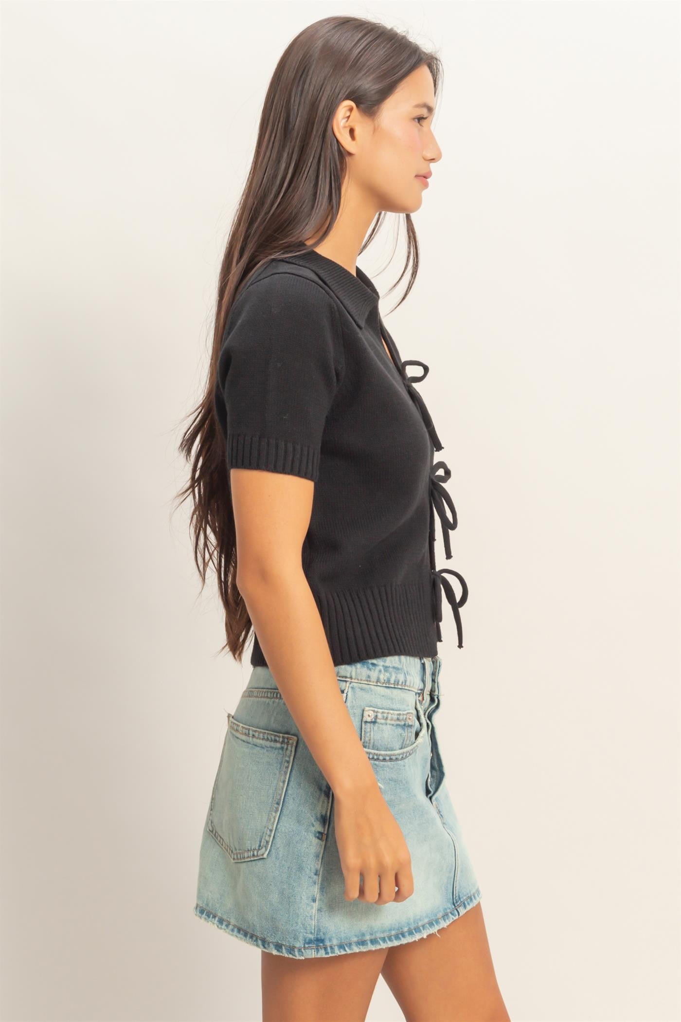 TIE FRONT SHORT SLEEVE SWEATER