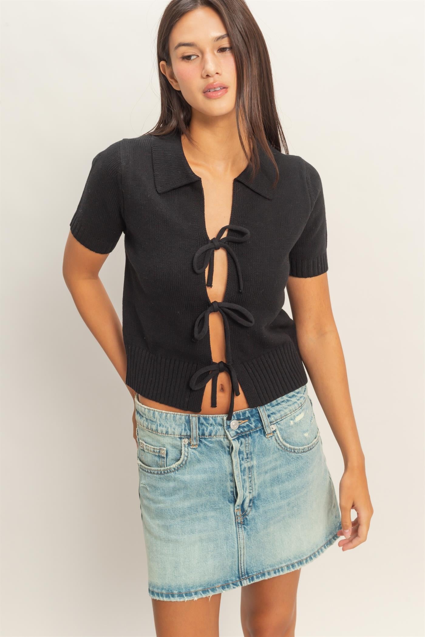 TIE FRONT SHORT SLEEVE SWEATER
