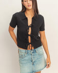 TIE FRONT SHORT SLEEVE SWEATER
