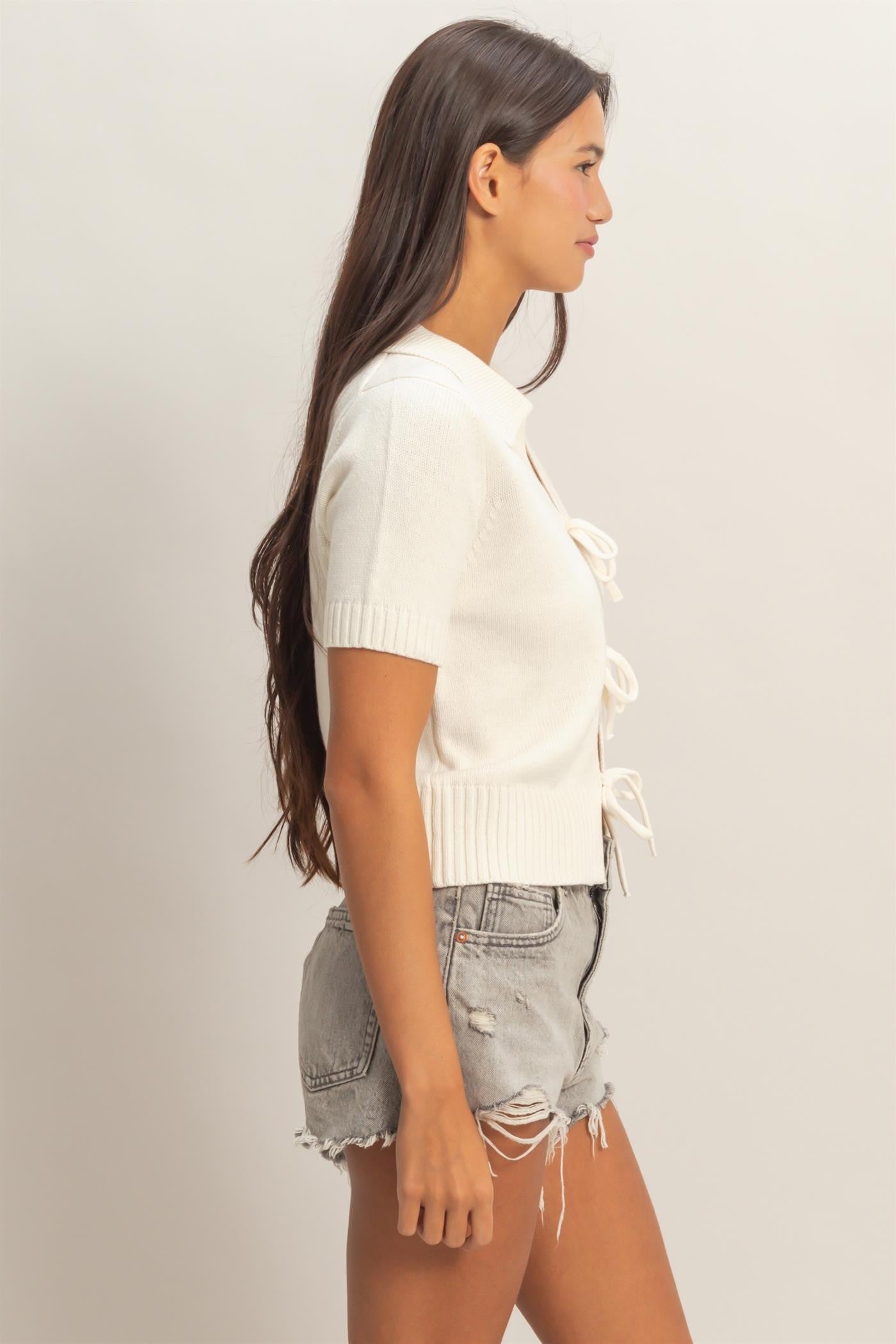 TIE FRONT SHORT SLEEVE SWEATER
