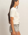 TIE FRONT SHORT SLEEVE SWEATER