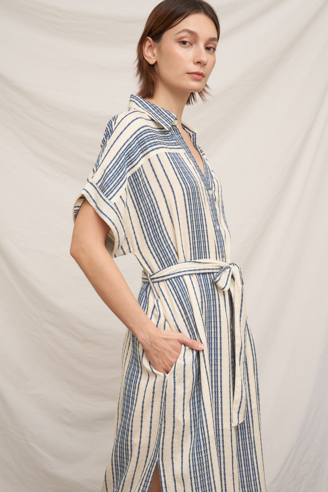STRIPE BELTED SHIRT DRESS