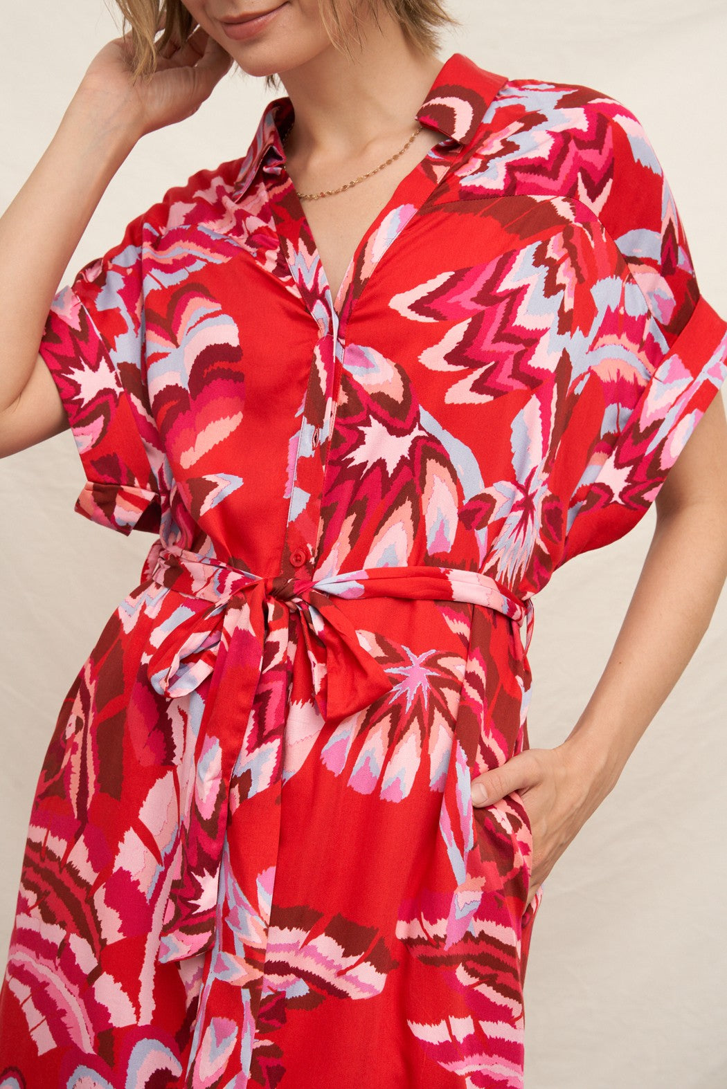 BOLD BOTANICAL SHORT SLEEVE MAXI SHIRT DRESS
