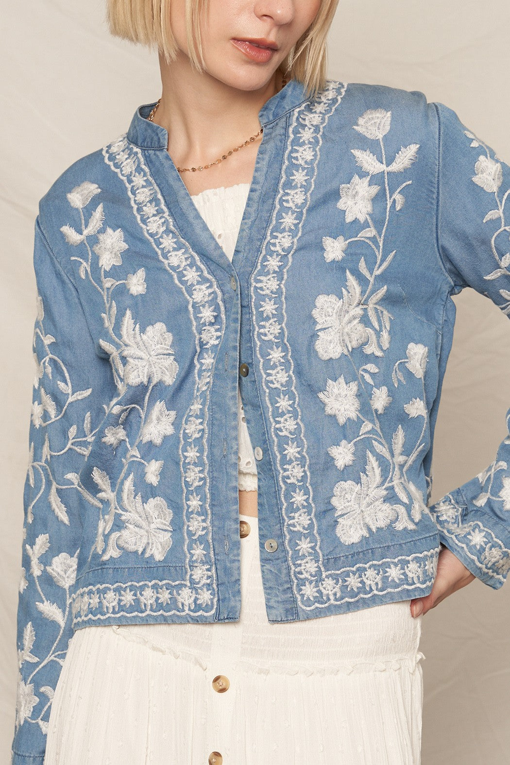 FLORAL EMBROIDERED DENIM SHIRT