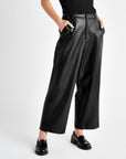 black vegan leather ankle length wide leg trousers