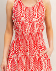 LEAF PRINT SMOCK WAIST DRESS