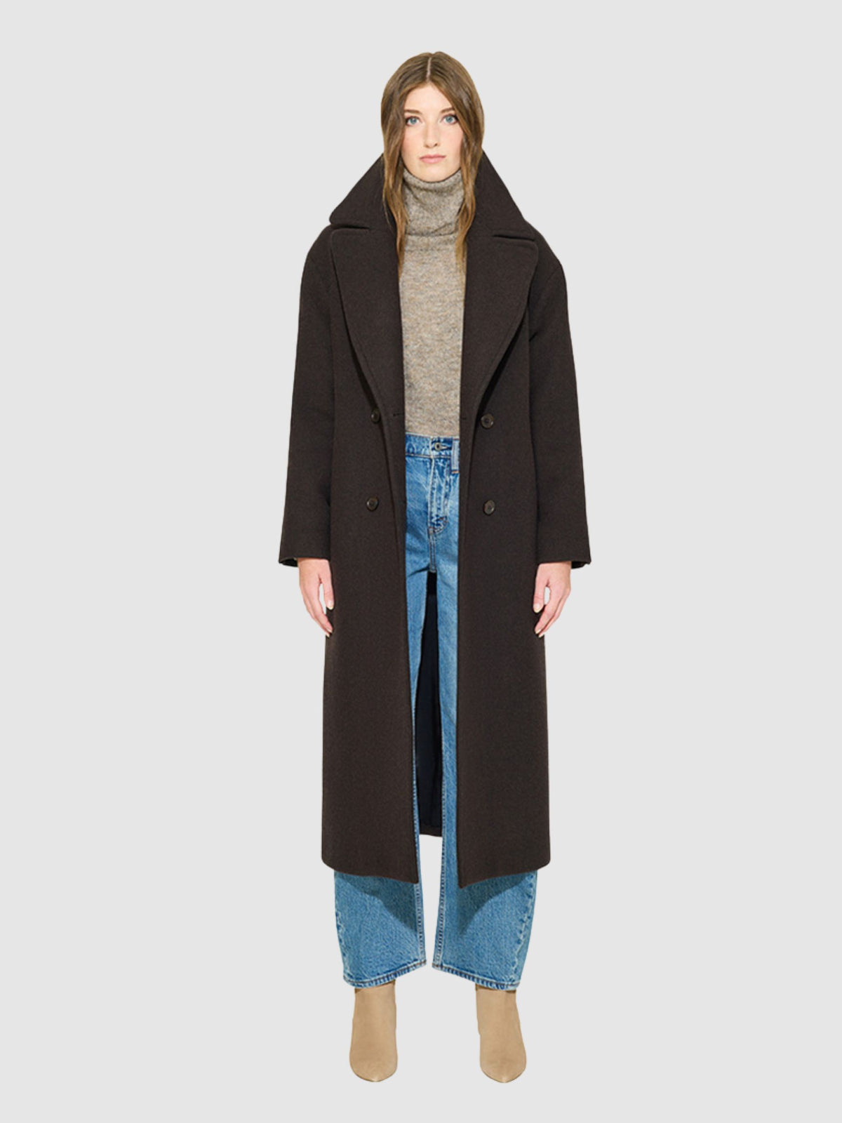 HAZEL HERRINGBONE LONG WOOL COAT WITH SIDE ZIP SLITS