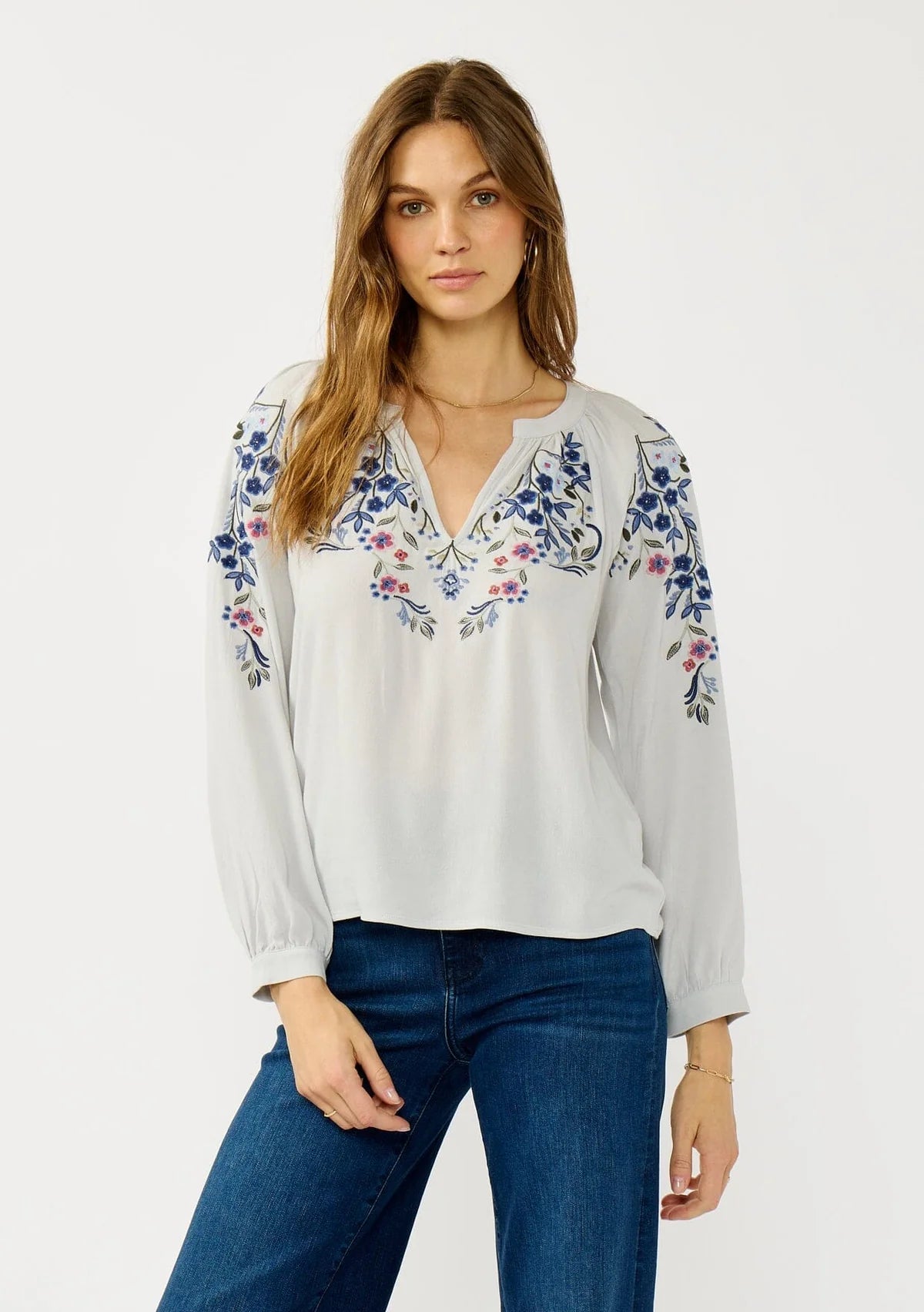 FLORAL EMBROIDERED SPLIT NECK BLOUSE