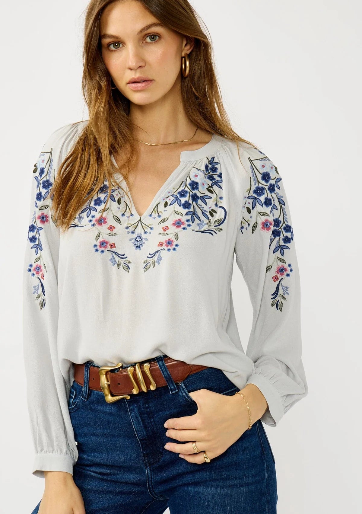 FLORAL EMBROIDERED SPLIT NECK BLOUSE