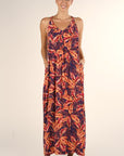 PLEATED RACERBACK LEAF PRINT MAXI DRESS