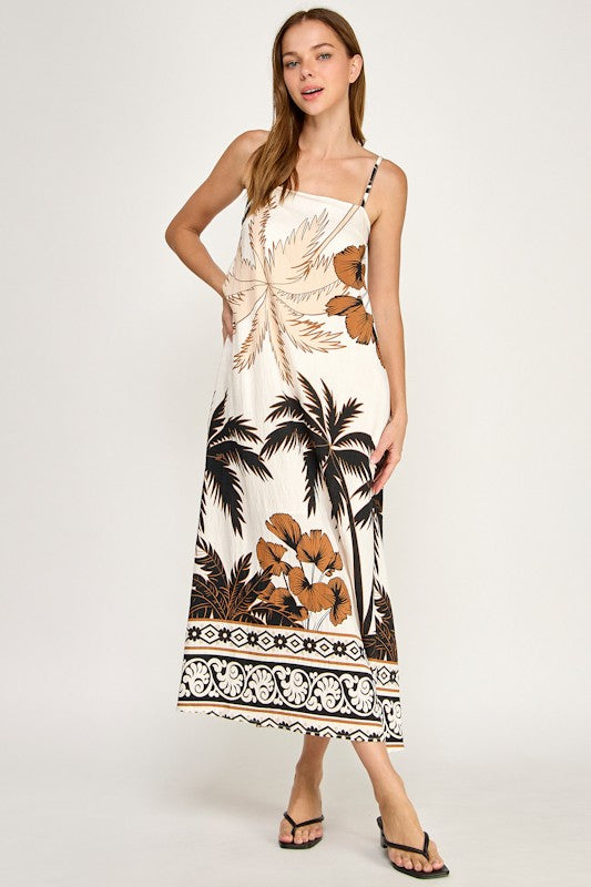 PALM TREE CONTRAST BORDER MAXI DRESS