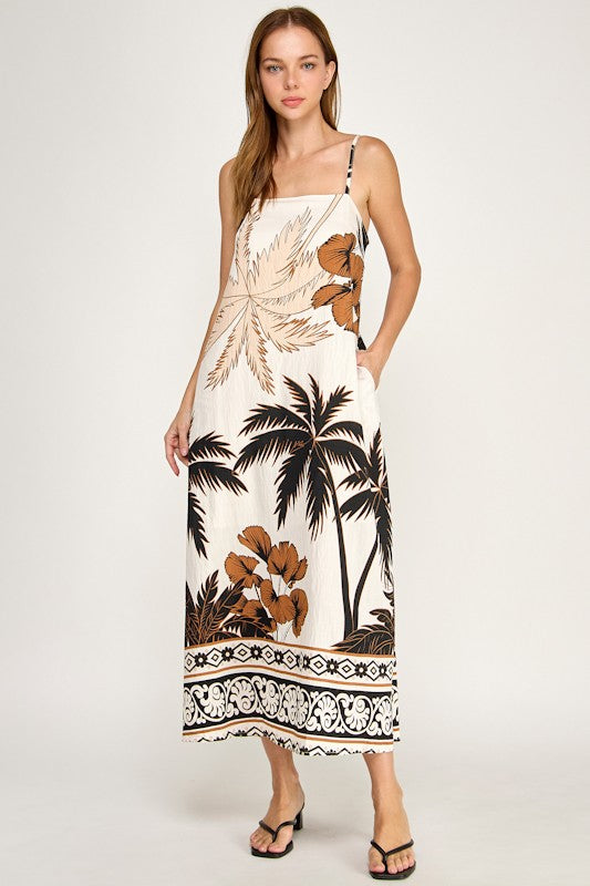 PALM TREE CONTRAST BORDER MAXI DRESS