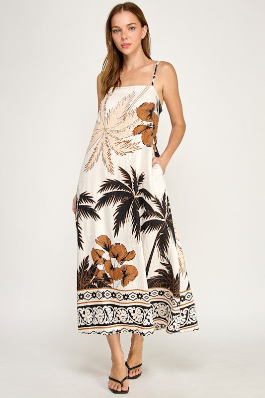 PALM TREE CONTRAST BORDER MAXI DRESS