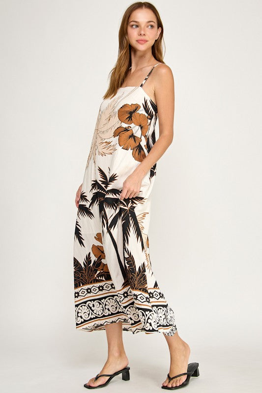 PALM TREE CONTRAST BORDER MAXI DRESS