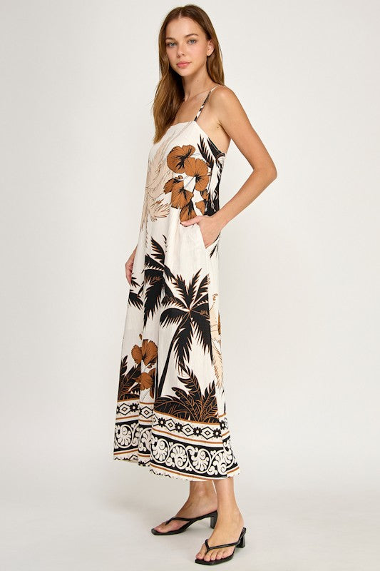 PALM TREE CONTRAST BORDER MAXI DRESS