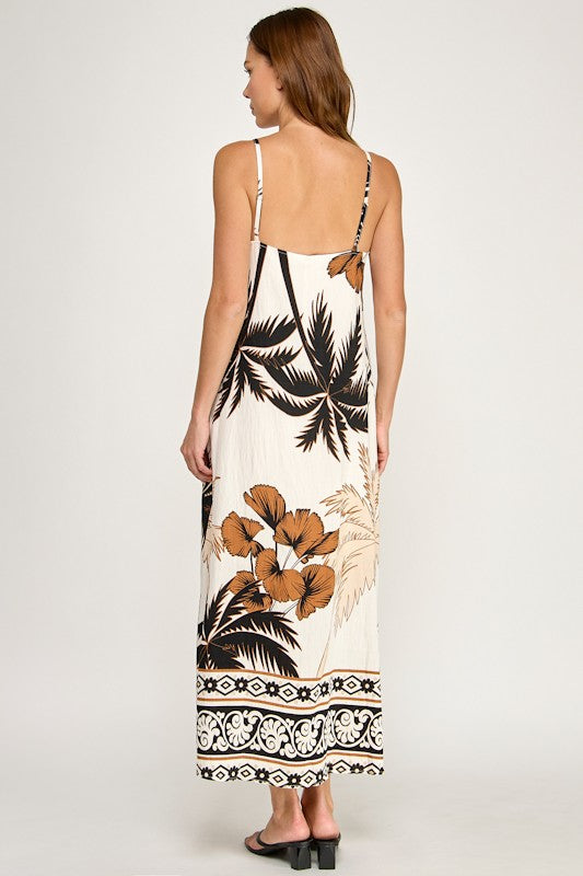 PALM TREE CONTRAST BORDER MAXI DRESS