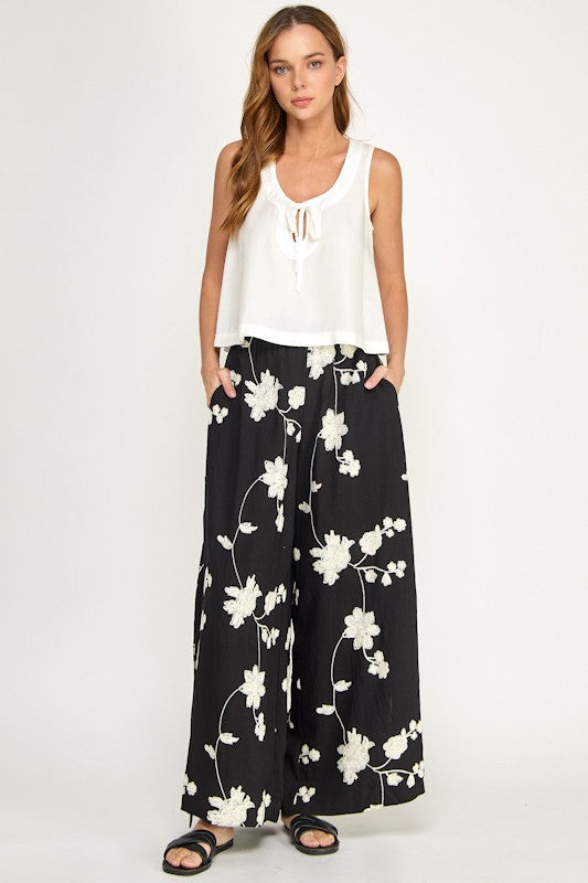 EMBROIDERED FLORAL SIDE TIE PANTS