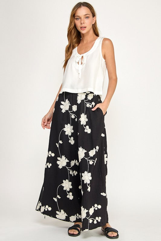 EMBROIDERED FLORAL SIDE TIE PANTS