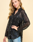 SEQUIN V-NECK BUTTON DOWN SHIRT